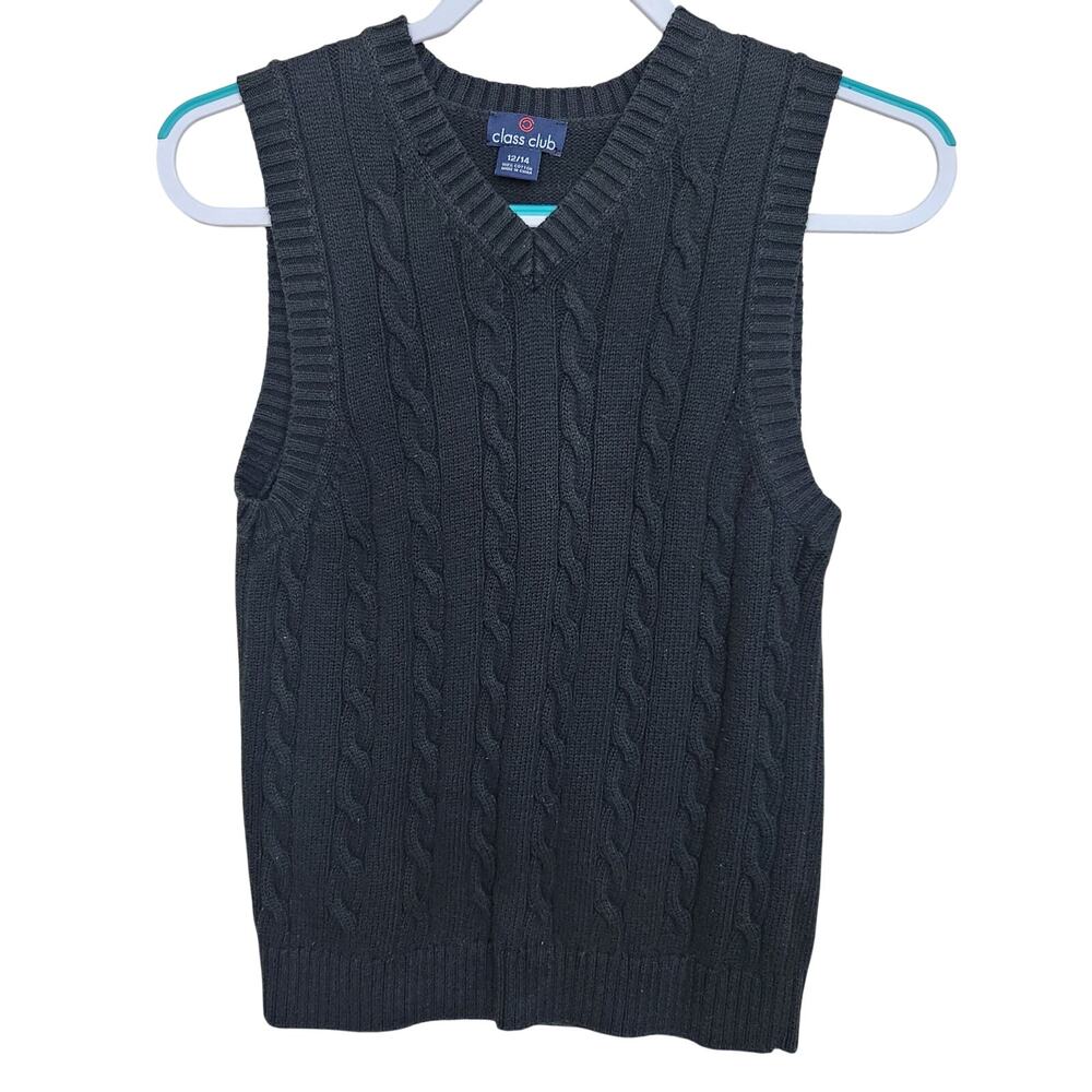 Class Club Black Cable Knit Sweater Vest Boys 12/14 Cotton V-Neck Preppy School
